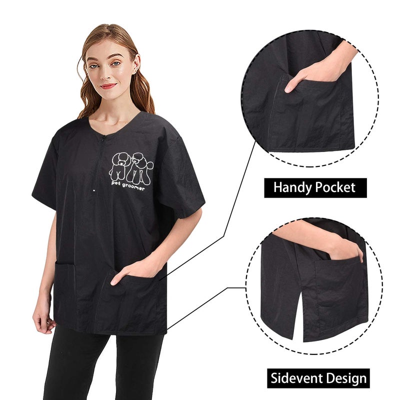 Noverlife Short Sleeves Pet Grooming Smock with 2 Pockets, M Size, Splash Proof Anti-Static Pets Beautician Work Clothes, Dog Cat Groomer Cosmetologist Uniforms for Pet Shop Men Women - Image 4